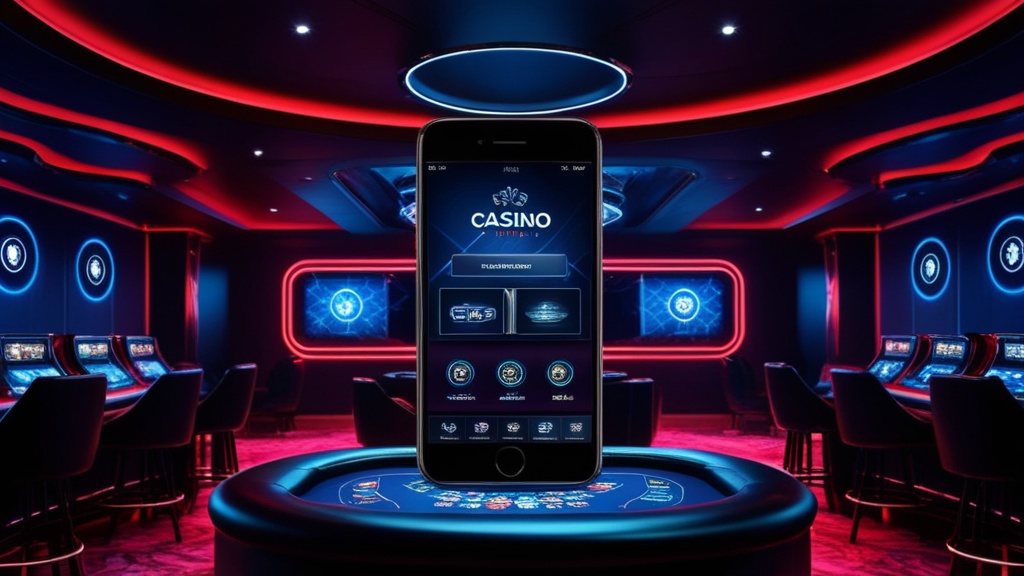 Smartphone met een mobiele casino-app in een donker neon casino