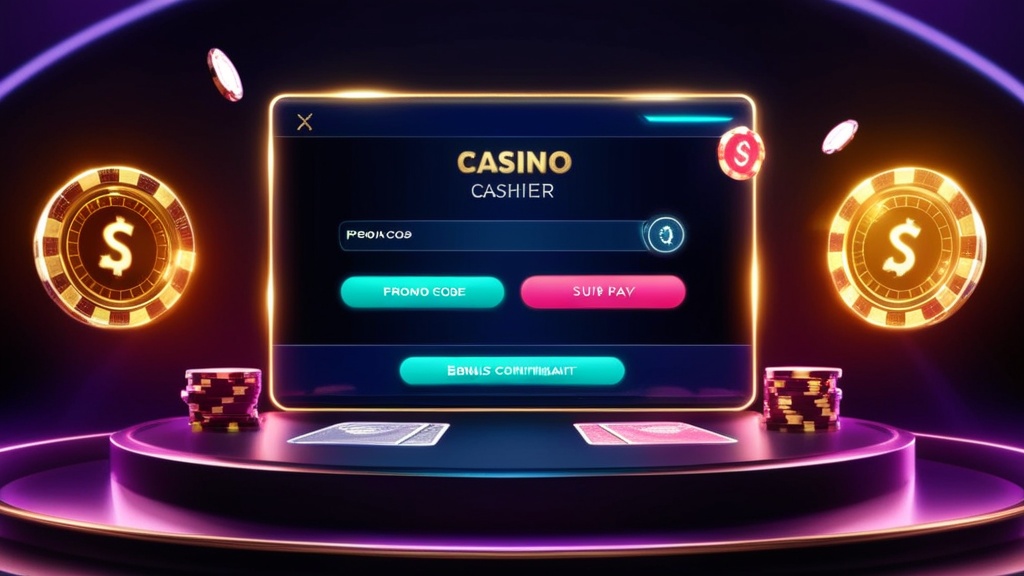 Promotiecode en voucher in een casino-kassier op een donkere interface