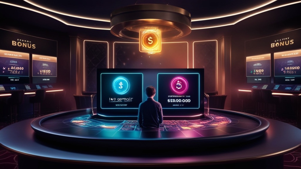 Speler bekijkt een no deposit bonus in een donkere casino-lobby