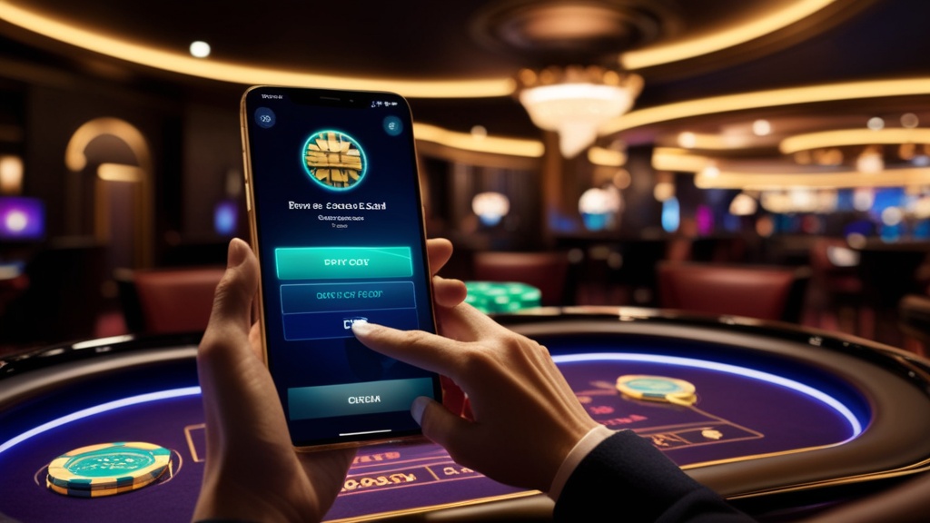 Speler activeert een voucher code op een telefoon in een donkere casinoomgeving